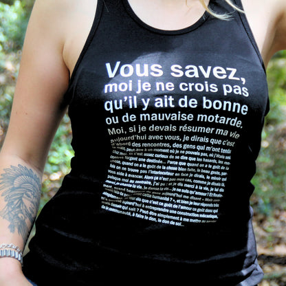 Débardeur femme en coton, imprimé texte "Vous savez, moi je ne crois pas qu’il y ait de bonne ou de mauvaise motarde".
