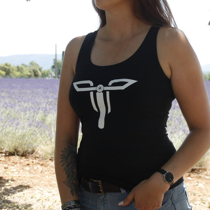 Débardeur noir motarde avec logo Theia Moto, marque lyonnaise.