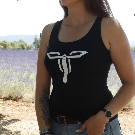 Débardeur noir motarde avec logo Theia Moto, marque lyonnaise.
