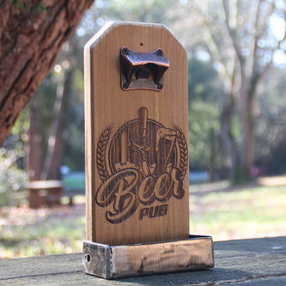 Décapsuleur artisanal en bois gravé Beer Pub