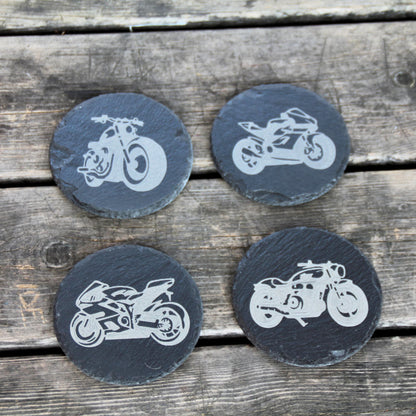 Lot de 4 dessous de verre rond en ardoise naturelle gravés de motos.