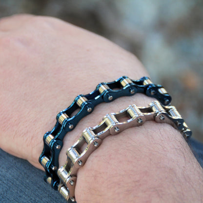 Duo de bracelets chaine moto en acier inoxydable de couleurs bleu et acier brillant