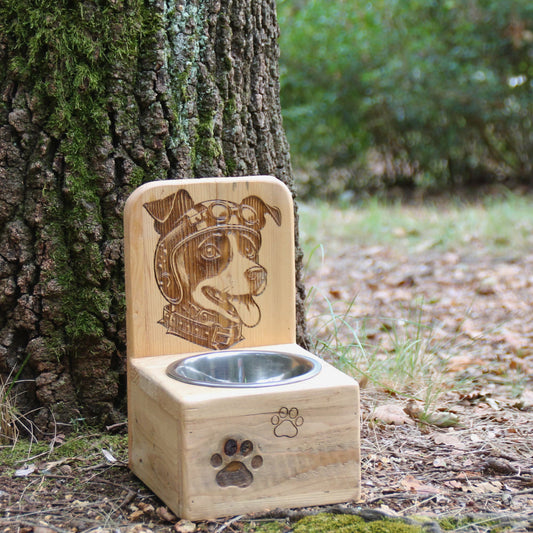 Gros plan sur la gravure du chien motard : casque, lunettes sur la tête et collier autour du cou, sur bois.