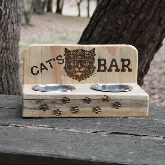 Gamelle double pour chat en bois et gravure chat motard et pattes