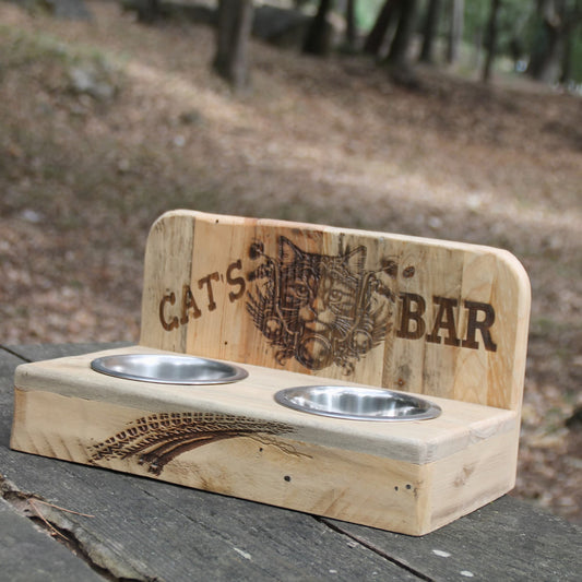 Gamelle chat double en bois et inox gravure chat motard