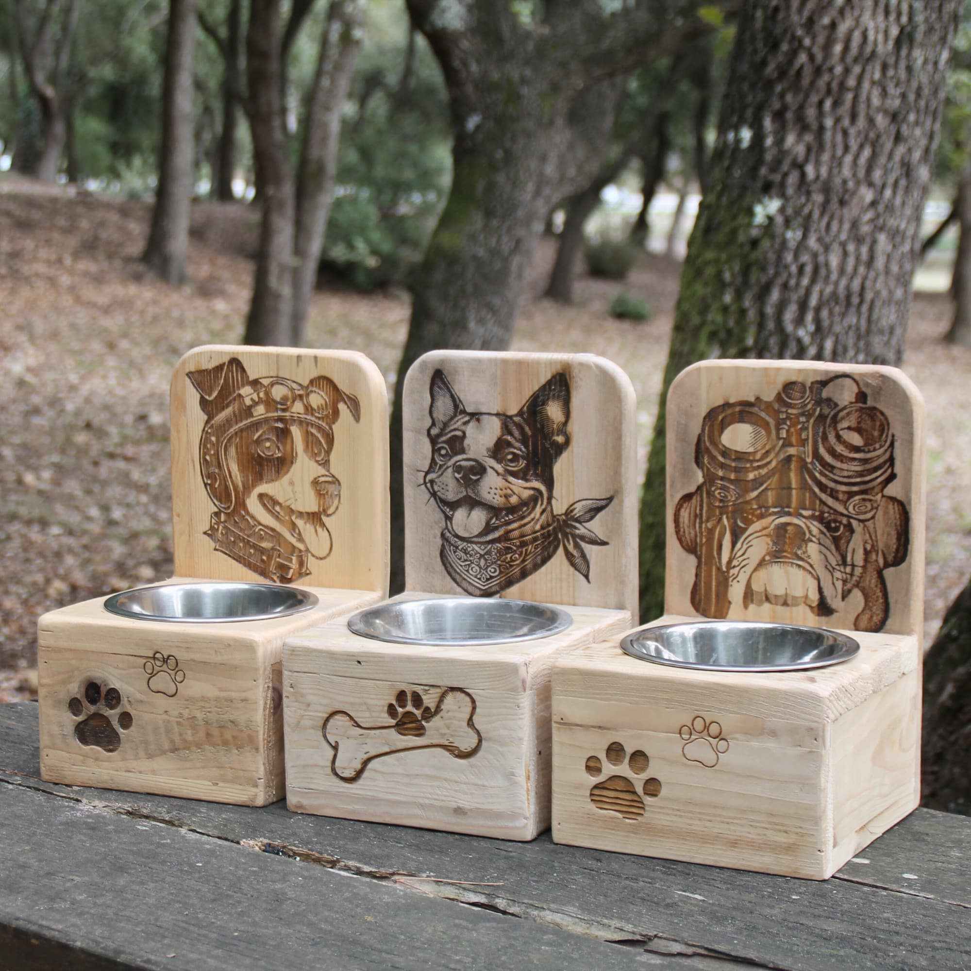Gamelles surélevées (Dog Bar) pour chiens de petite taille ou moyenne, favorisant une meilleure digestion.