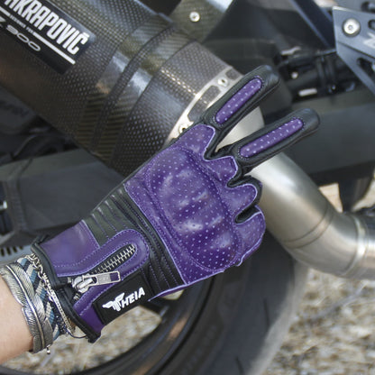 Gants de moto pour femme en cuir violet. Homologués, respirant, fashion !