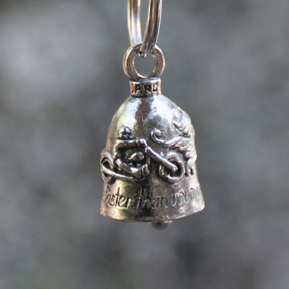 Guardian Bell en étain, devise « Never Ride Faster Than Your Angel Can Fly » inscrite sous le motif