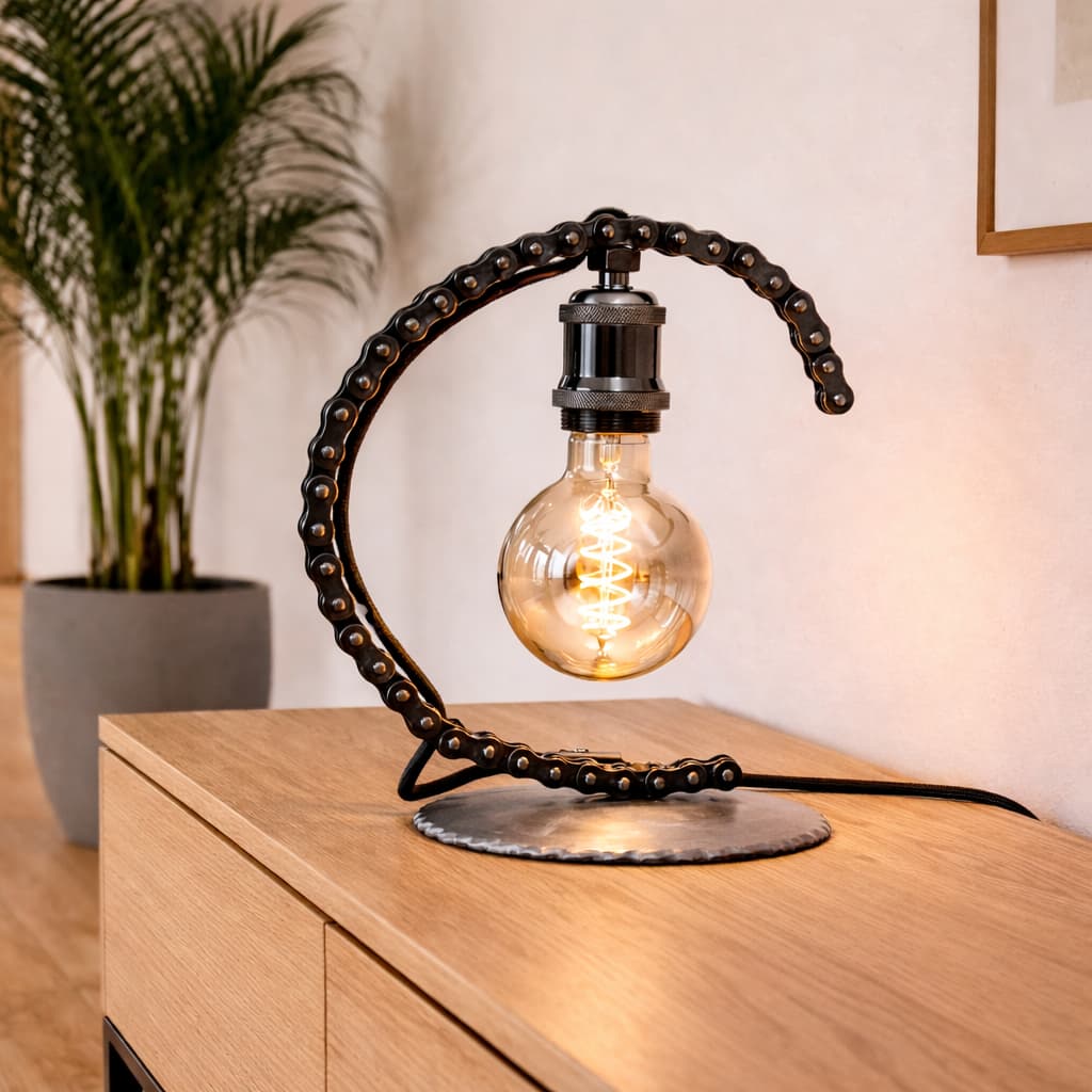 Lampe industrielle en chaine de moto authentique et métal en situation