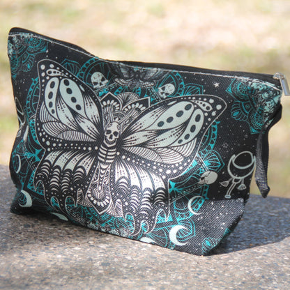 Pochette motarde Papillon Mandala pleine, avec imprimé papillon, mandala et petits crânes turquoise