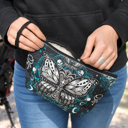 Pochette motarde Papillon Mandala tenue en main et ouverte, avec fermeture éclair