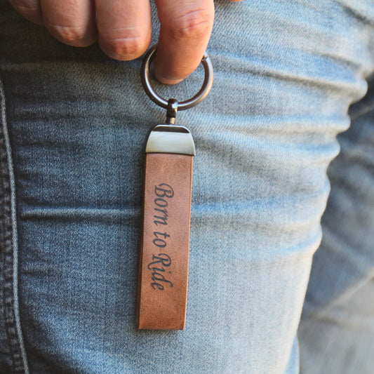 Cadeau motard porte clé cuir marron style biker