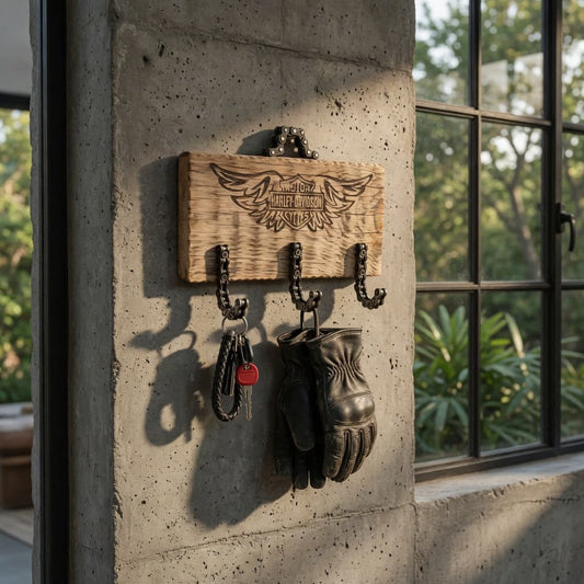 Porte-clé mural en bois gravé Harley Davidson dans une décoration industrielle avec clés et gants accrochés, idée cadeau motard