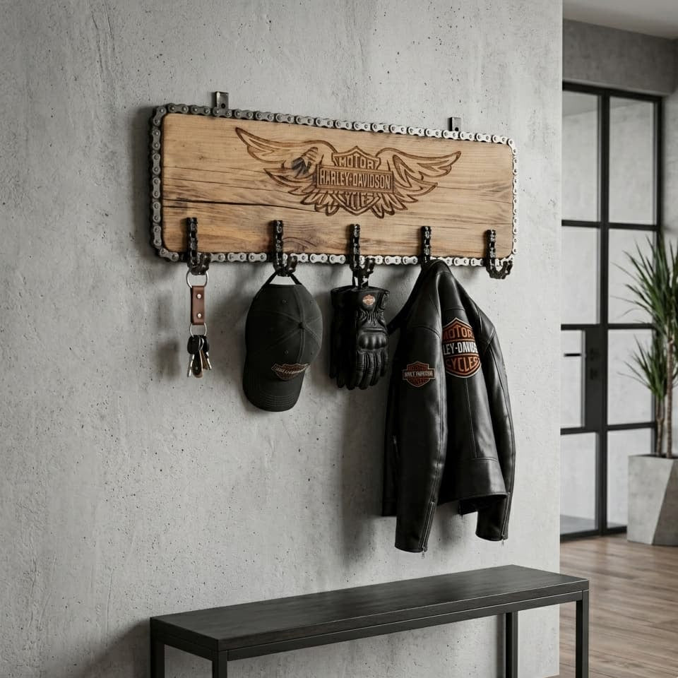 Mise en situation par IA du porte manteau mural artisanal en bois et chaine de moto gravure Harley Davidson
