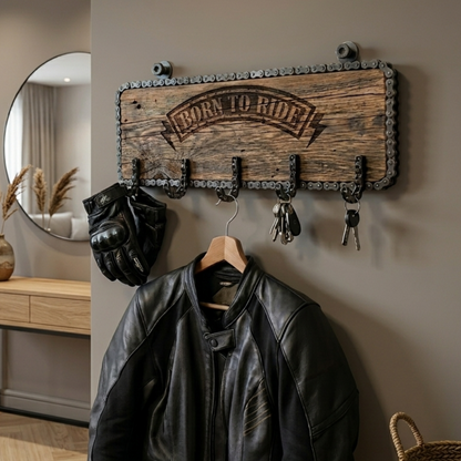 Porte manteaux murel en bois recyclé et chaine de moto. Travail artisanal gravé Born to Ride