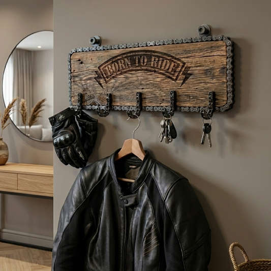 Porte manteaux murel en bois recyclé et chaine de moto. Travail artisanal gravé Born to Ride