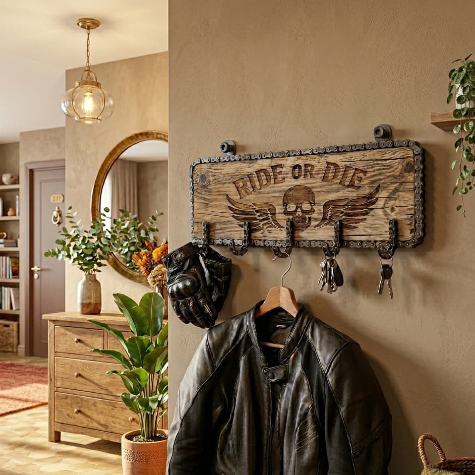 Porte manteau mural en bois et chaine de moto gravé Ride or Die. Un cadeau motard original pour biker passionné