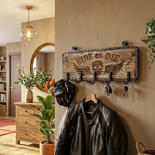 Porte manteau mural en bois et chaine de moto gravé Ride or Die. Un cadeau motard original pour biker passionné