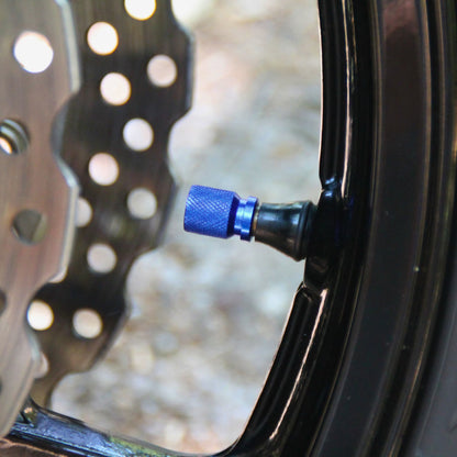 Vue de profile des bouchons de valve moto bleus design rose des vents.