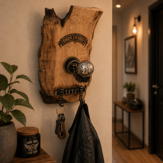 Support de casque moto mural en bois brûlé installé dans une entrée moderne et chaleureuse