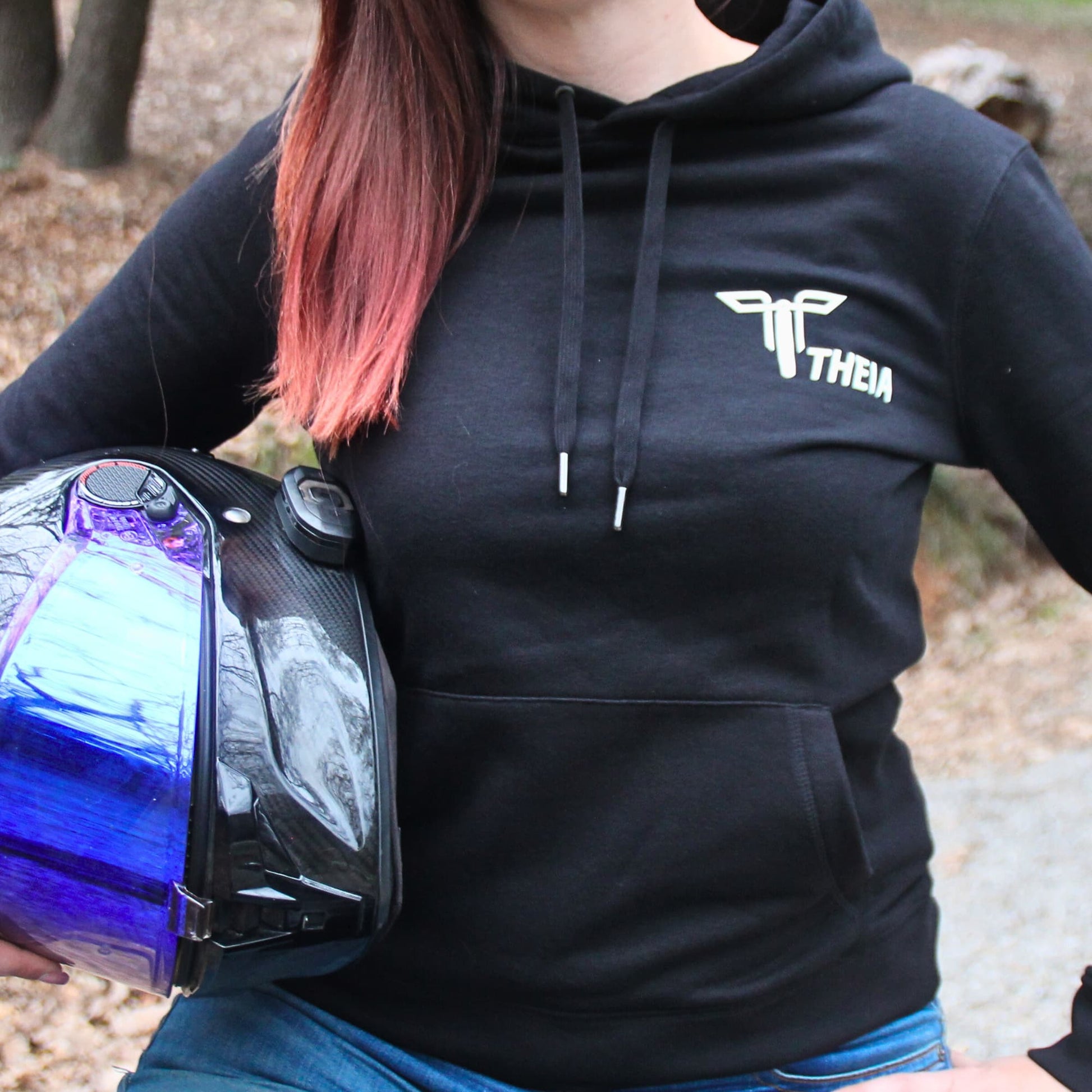 Sweat à capuche noir Theia Moto avec poche ventrale