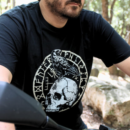 T-shirt motard en coton noir avec motif de corbeau et de crâne sur le devant