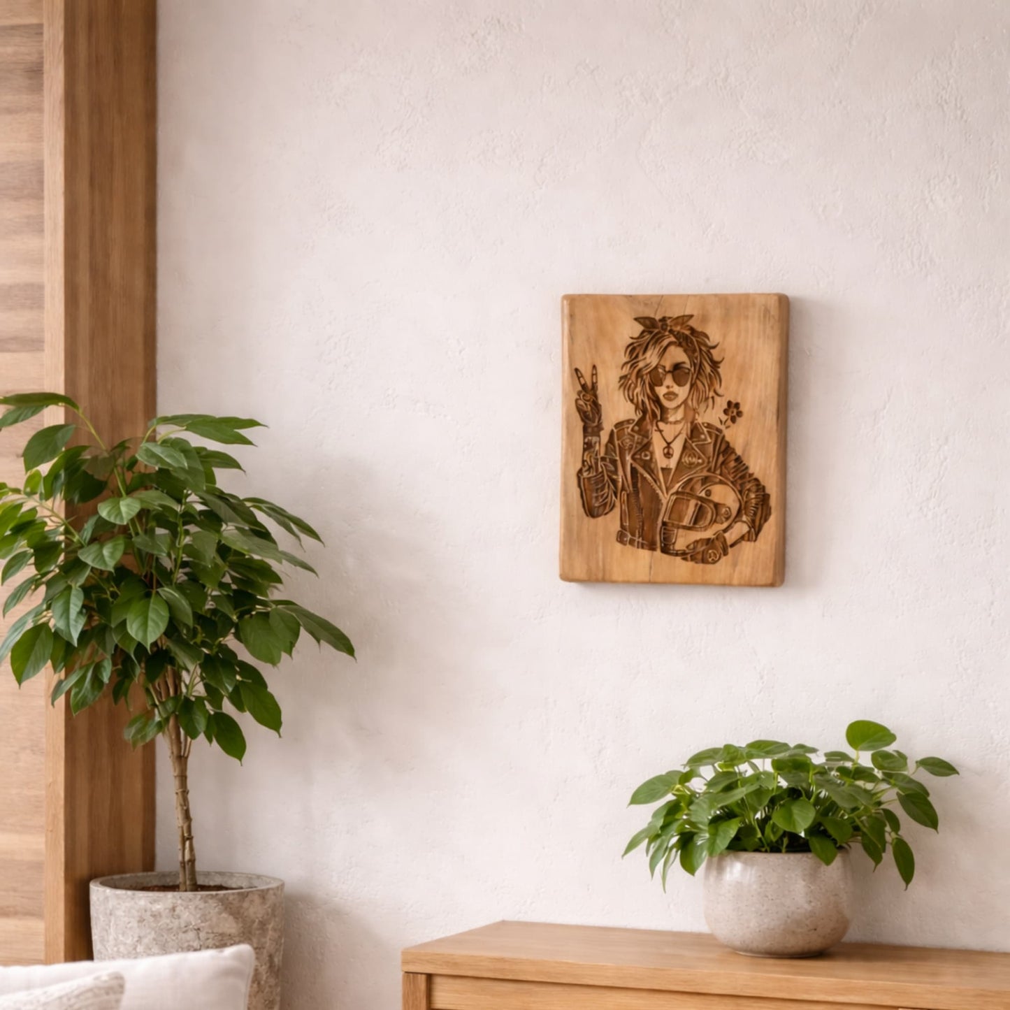 Tableau artisanal en bois brut et gravure motarde signe V mis en situation sur un mur