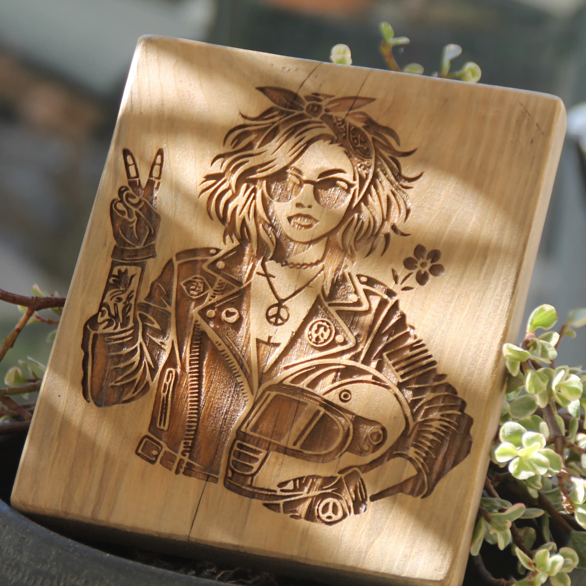 Tableau artisanal en bois brut et gravure motarde signe V