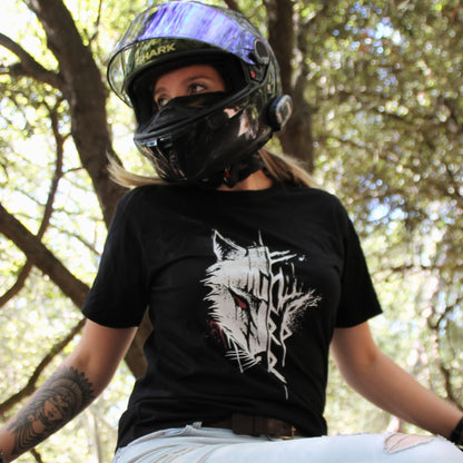 Tshirt femme motarde noir coton avec loup viking
