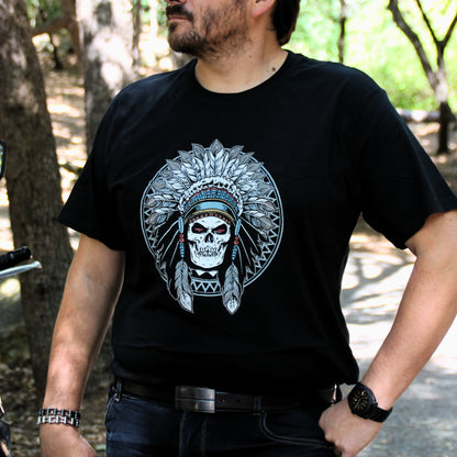 Tshirt biker en coton noir avec motif crâne indien
