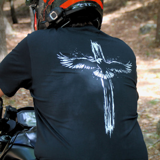 Tshirt biker noir coton avec aigle et croix. Impression recto verso