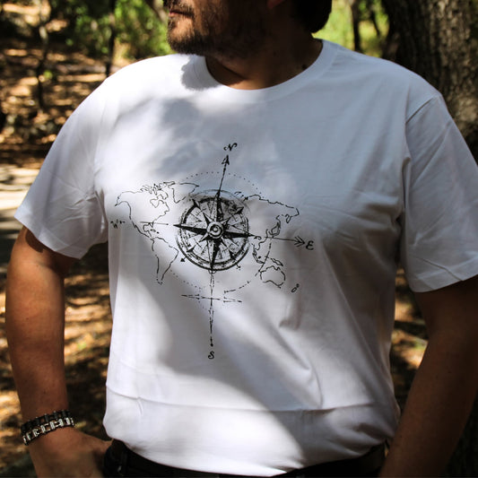 Tshirt road trip moto blanc avec rose des vents imprimée