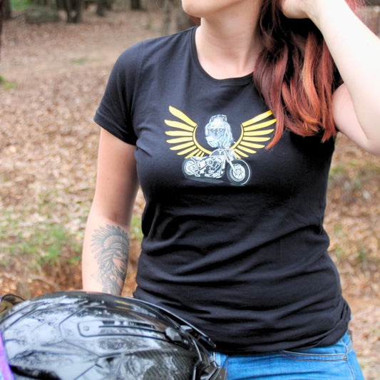 T-shirt coton noir Theia Moto modèle Nephtys. 