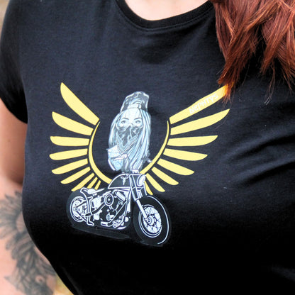 T-shirt coton noir Theia Moto modèle Nephtys. Design motarde bandana casquette cheveux longs et moto custom