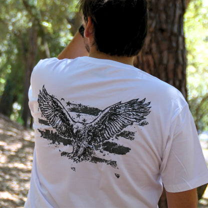 Tshirt biker blanc 100% coton avec aigle et drapeau américain impression recto veerso