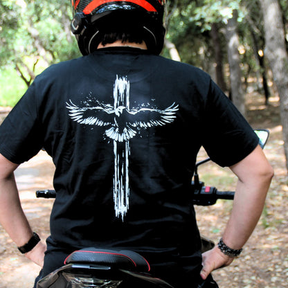 Tshirt coton noir biker avec motif aigle envol