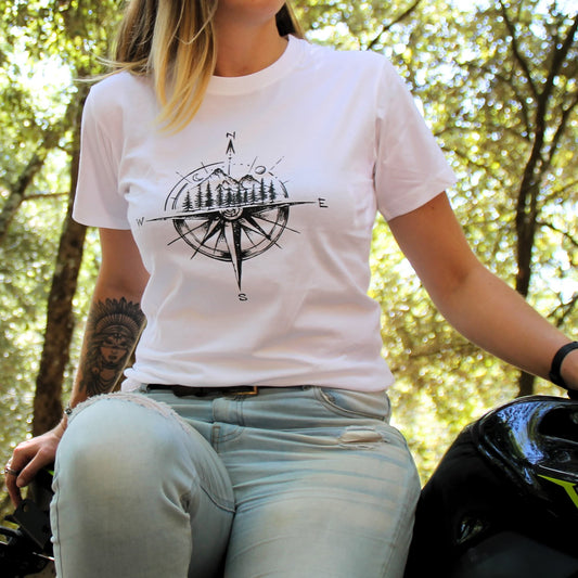 Tshirt cadeau motarde blanc avec rose des vents et montagnes