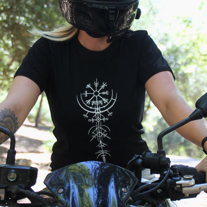 Tshirt femme motarde noir coton avec boussole viking Vegvisir