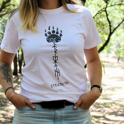 Tshirt femme motarde blanc coton avec patte d’ours strength