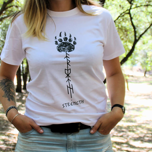 Tshirt femme motarde blanc coton avec patte d’ours strength