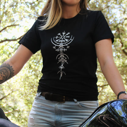 Tshirt coton noir femme motarde symbole boussole viking