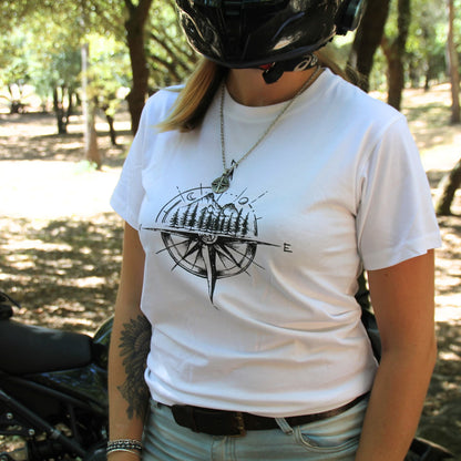 Tshirt motarde blanc avec design rose des vents et sommets