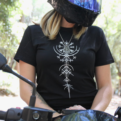 Tshirt cadeau motarde noir avec Vegvisir imprimé