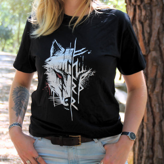 Tshirt biker femme noir avec motif loup viking