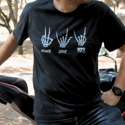 T-shirt homme biker PEACE LOVE ROCK en coton avec symboles de mains squelettes
