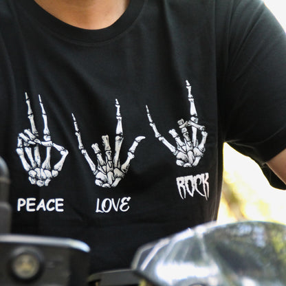 T-shirt homme coton avec design PEACE LOVE ROCK et mains squelettes