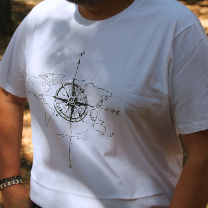 Tshirt coton blanc biker motif boussole voyage et liberté