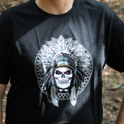 Tshirt coton noir biker avec illustration tête de mort indien