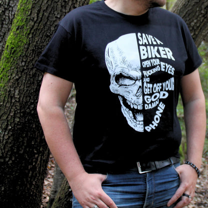 T-shirt homme avec message de prévention routière "Save a Biker – Open your eyes and get off your phone".