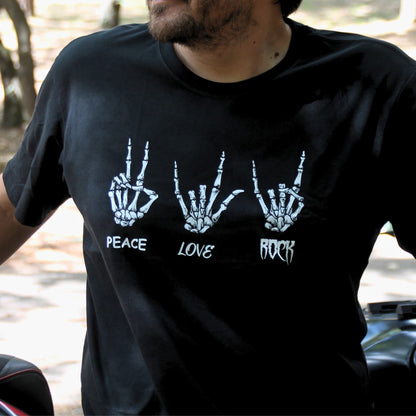 T-shirt PEACE LOVE ROCK en coton pour homme, et symboles en mains squelettes